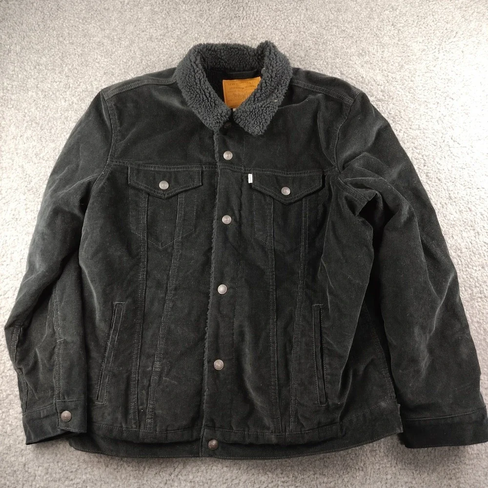 Levis Premium Corduroy Jacket Mens XL Type III Sherpa Collar Lined Black EUC